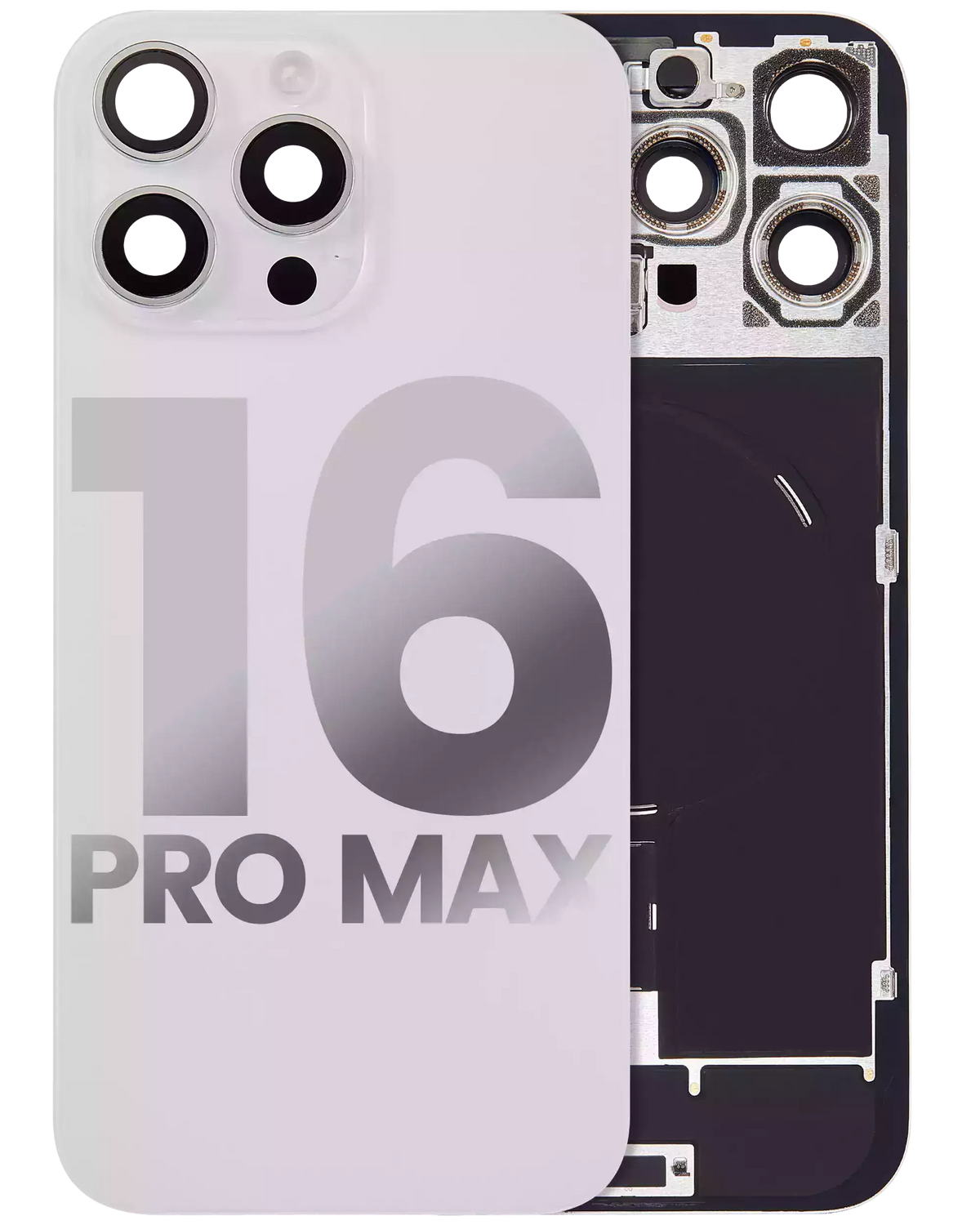 Back Glass With Steel Plate With Wireless NFC Charging MagSafe Magnet & Flashlight Flex Compatible For iPhone 16 Pro Max (Used OEM Pull: Grade A) (White Titanium)