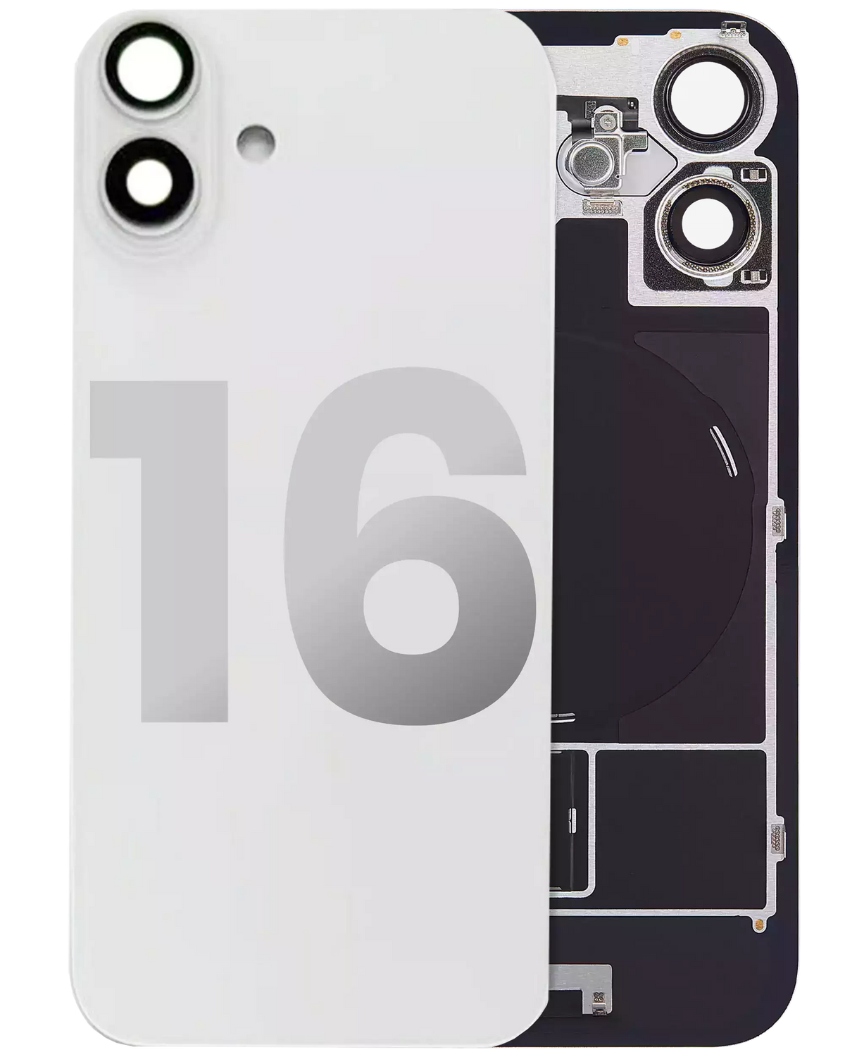 Back Glass With Steel Plate With Wireless NFC Charging MagSafe Magnet & Flashlight Flex Compatible For iPhone 16 (Used OEM Pull: Grade A) (White)