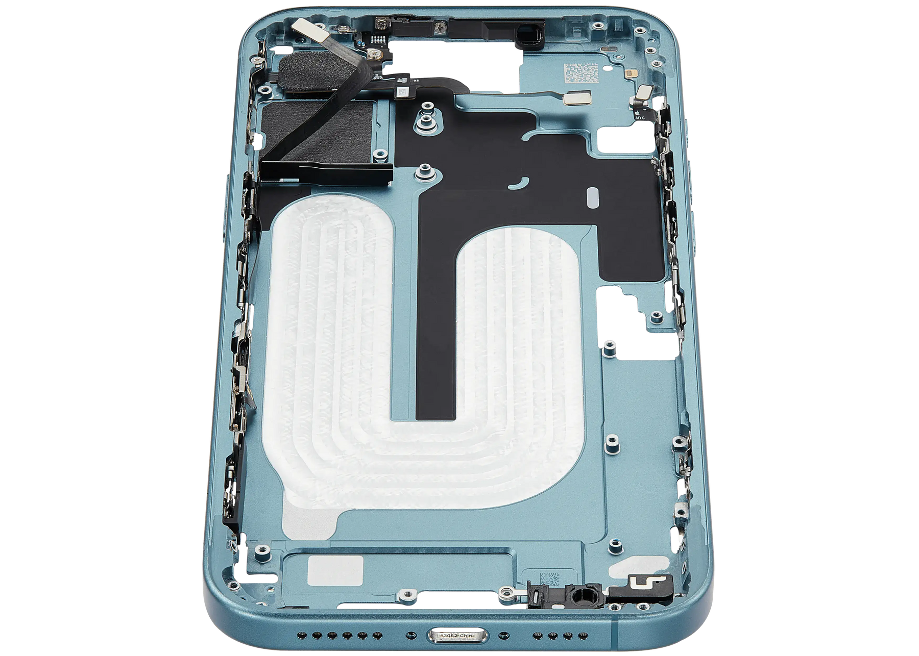 Mid-Frame Housing With Power And Volume Button Compatible For iPhone 16 Plus (US Version) (Used OEM Pull: Grade A) (Teal)