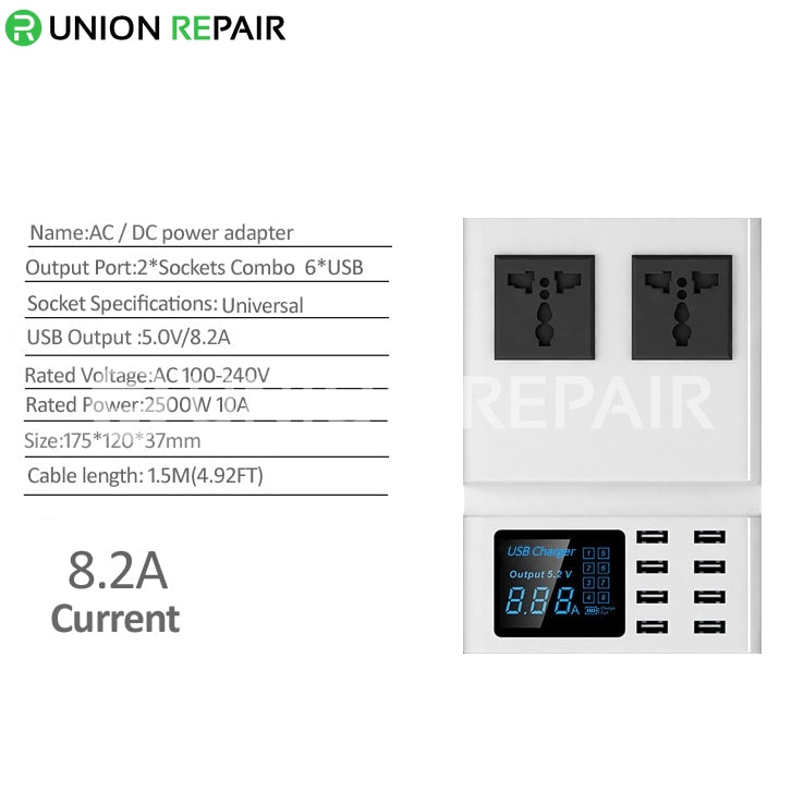 8 PORT USB CHARGING STATION WITH 8A LED DIGITAL DISPLAY AC 100-240V 2500W