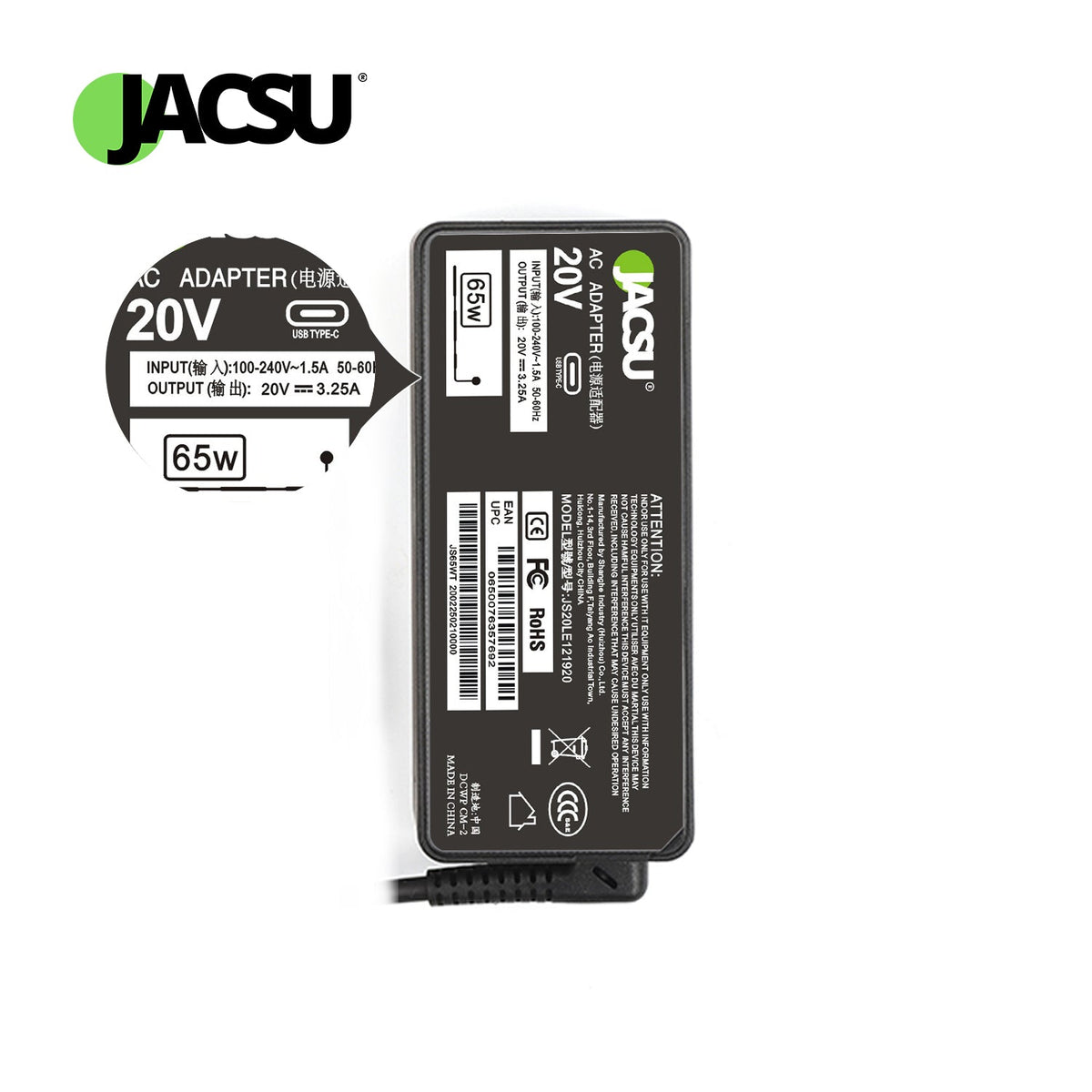 Jacsu 65W 20V 3.25A Type USB C Adapter Laptop Charger for Lenovo ThinkPad T480 T580 X280 X380 E580 L380