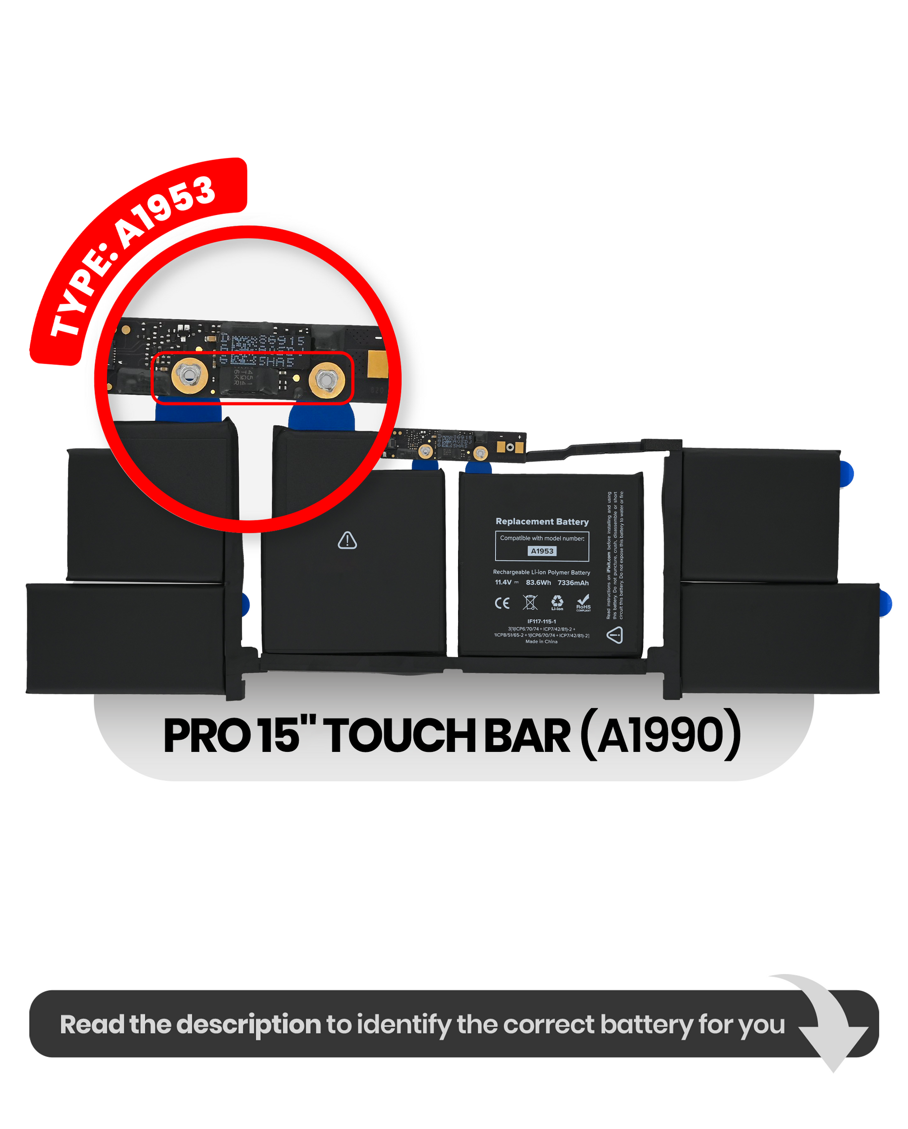 Battery (A1953) Compatible For MacBook Pro 15" Touch Bar (A1990 Late 2018 / Early 2019)