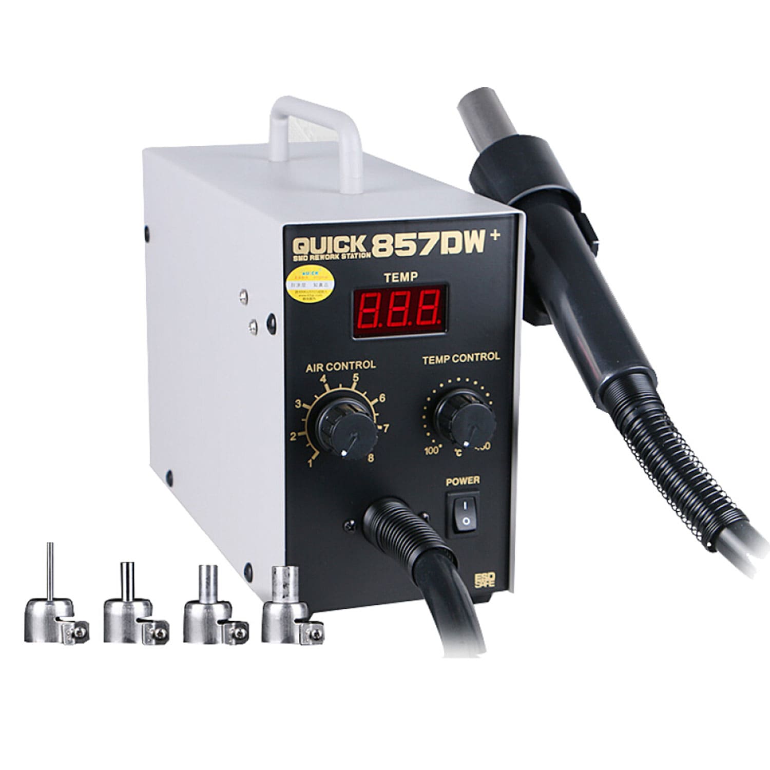 QUICK 857DW+ LEAD FREE ADJUSTABLE HOT AIR HEAT GUN WITH HELICAL WIND REWORK SOLDERING STATION