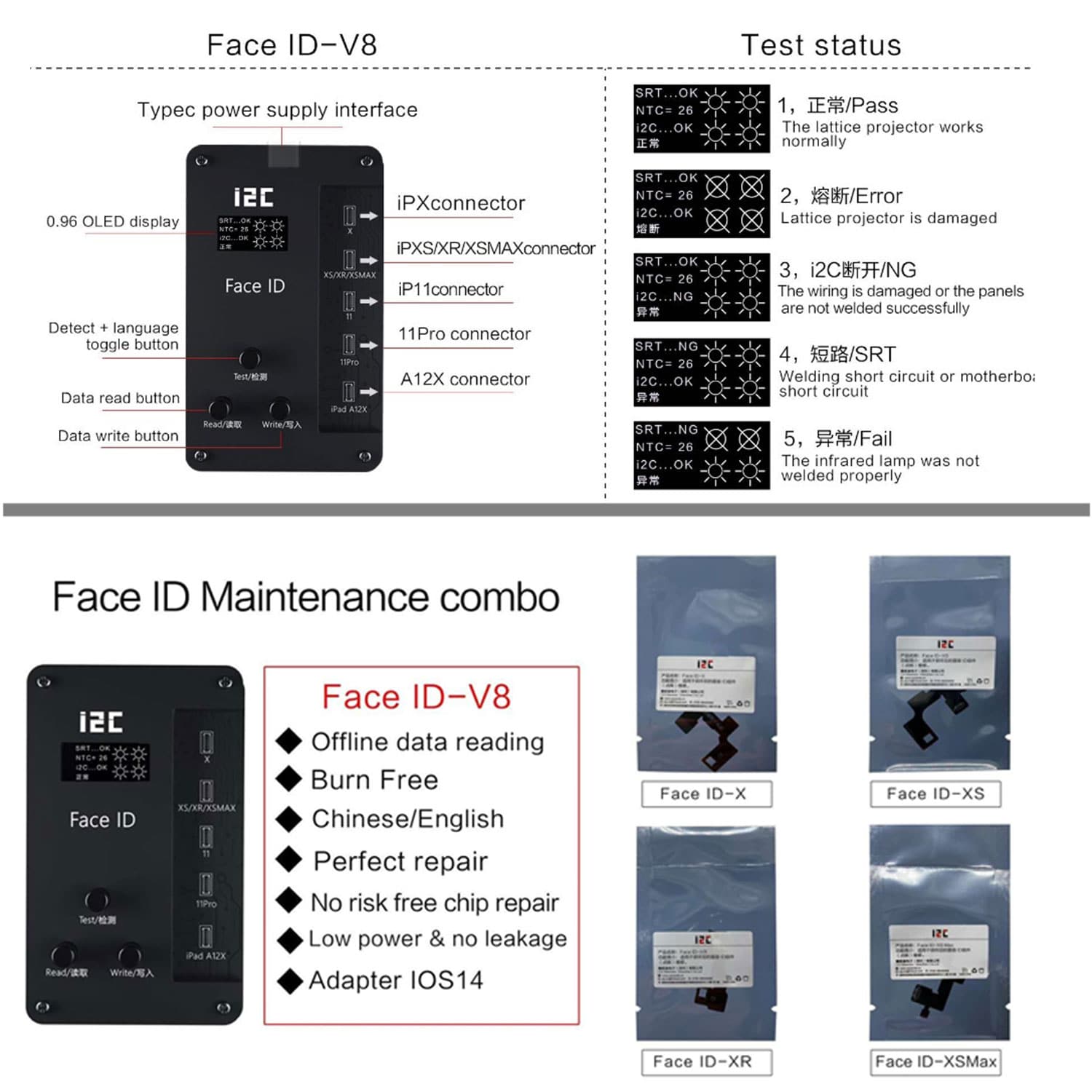 I2C FACE ID V8 PROGRAMMER FIXTURE FOR IPHONE X/XS/XSMAX/XR/11/11PRO/11PROMAX/12/12PRO/12MINI/12PROMAX